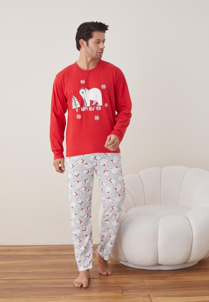 Pijama barbati Craciun "HAPPY NEW YEAR" , maneca lunga ,pantaloni lungi,Culoare Rosu ,Engros